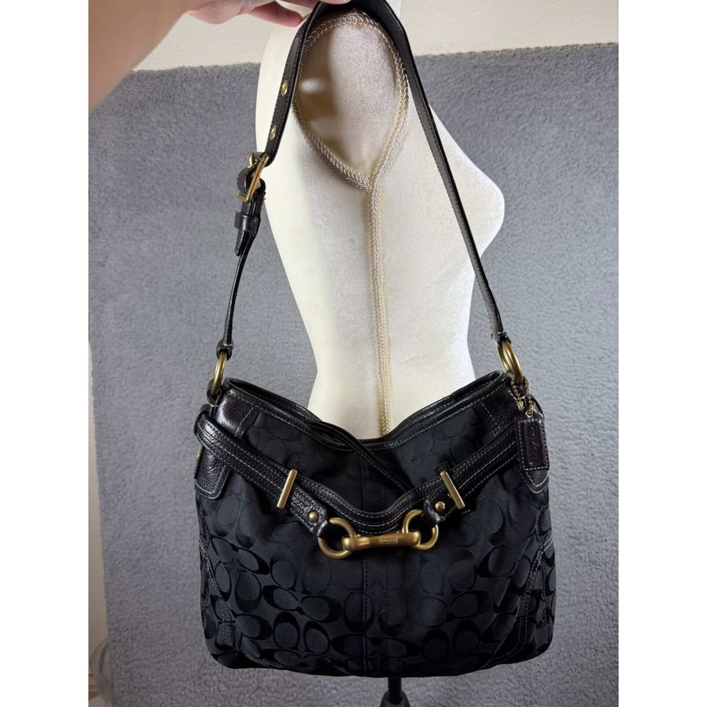 Coach Signature Black Jacquard Leather Hobo Bag Brass Horsebit 12469 Womens - Picture 1 of 7